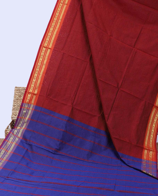 Maroon striped poly cotton saree, traditional zari design border & contrast pallu of stripes