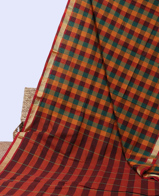 Multi-color checked poly cotton saree, zari border & pallu of stripes