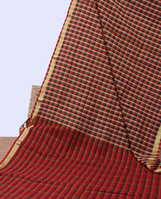 Multi-color micro-checked poly cotton saree, zari border & contrast pallu of stripes