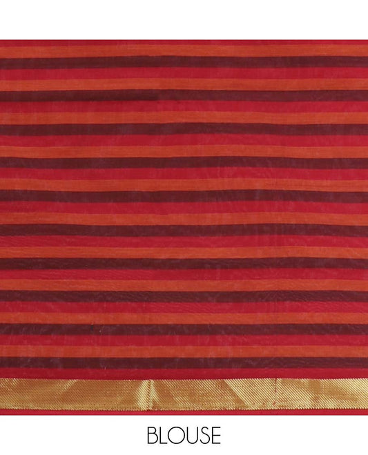 Multi-color micro-checked poly cotton saree, zari border & contrast pallu of stripes