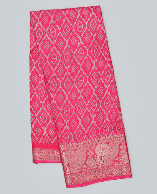 Pink ogee patterned semi-banaras dola saree, traditional design border