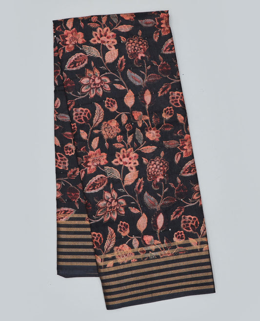 Black floral printed semi-banaras dola saree, striped border