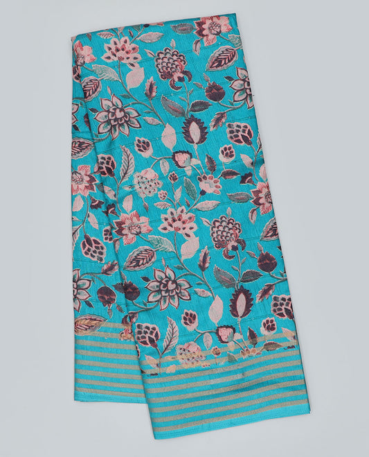 Blue floral printed semi-banaras dola saree, striped border