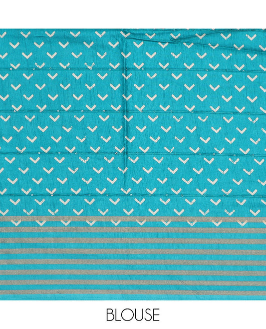 Blue floral printed semi-banaras dola saree, striped border