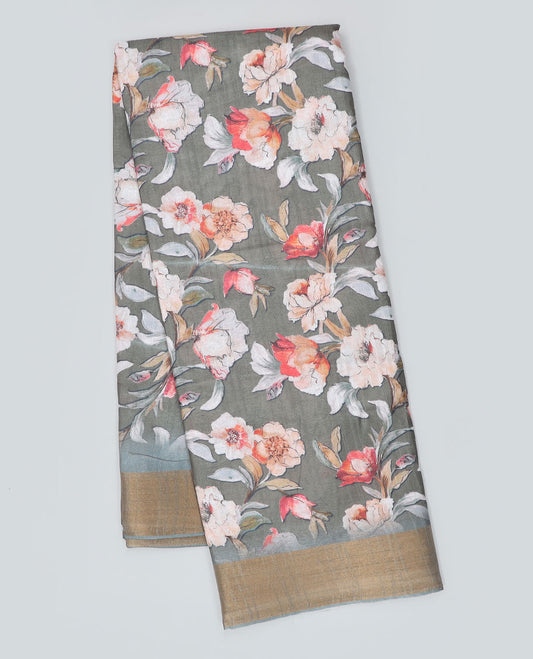 Grey floral printed semi-banaras dola saree, plain border