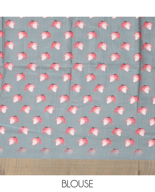 Grey floral printed semi-banaras dola saree, plain border