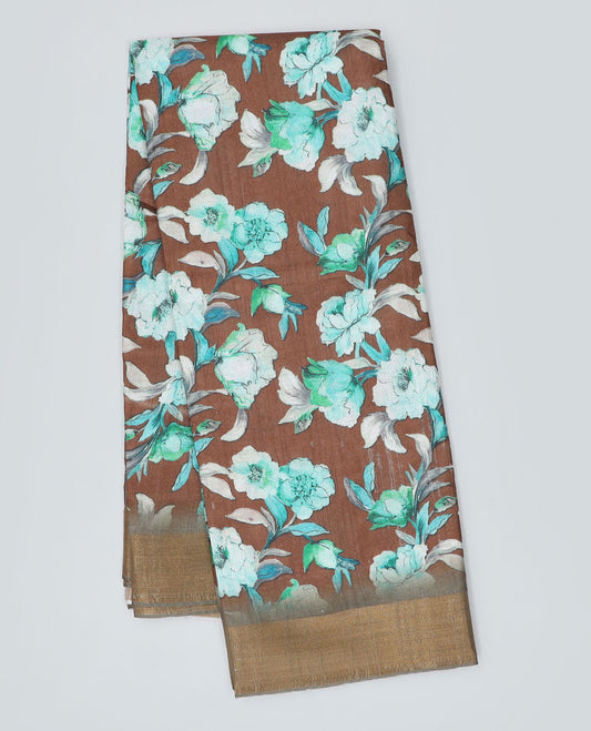 Brown floral printed semi-banaras dola saree, plain border