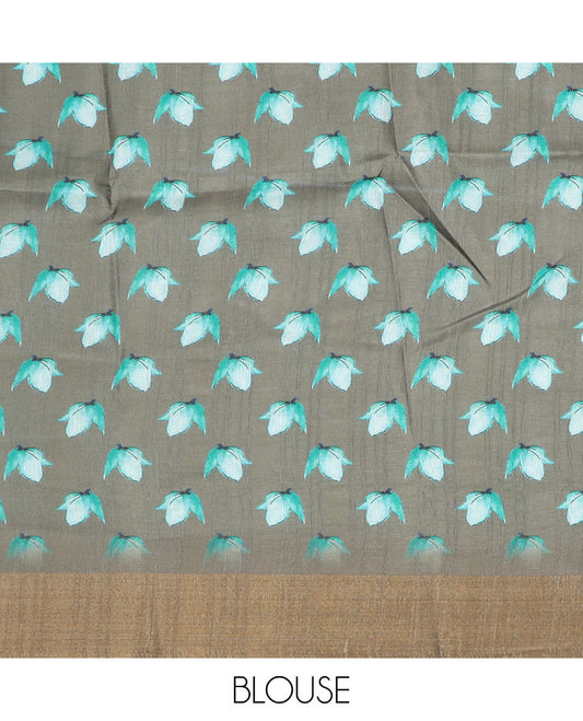 Brown floral printed semi-banaras dola saree, plain border