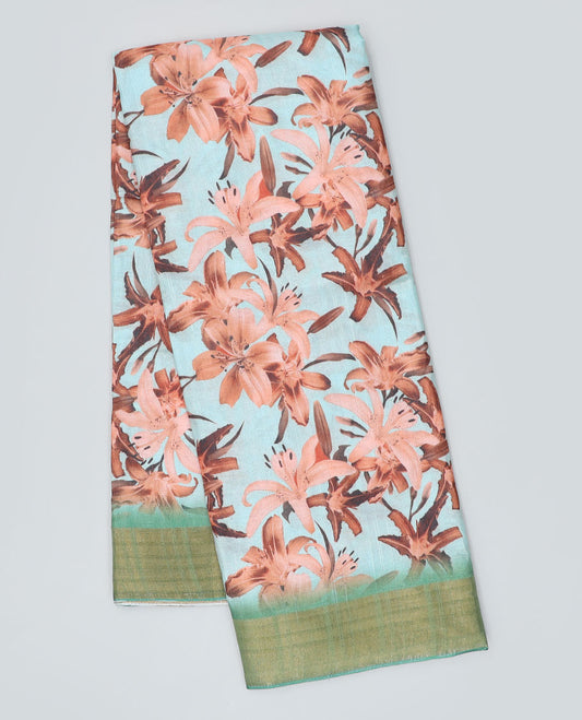 Blue floral printed semi-banaras dola saree, contrast plain border