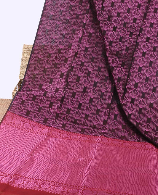 Borderless brown jacquard semi-silk cotton saree, contrast floral creeper & chevron pallu