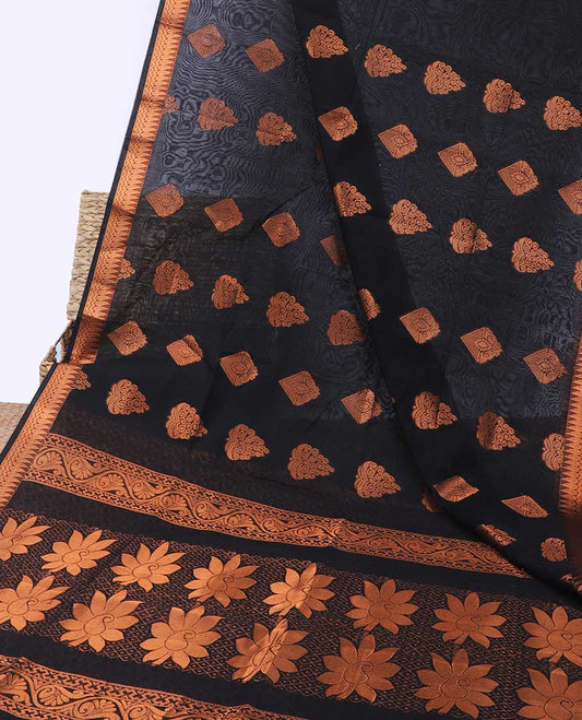 Black semi-silk cotton saree with zari buttas, traditional zari border & pallu  with floral designs
