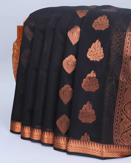 Black semi-silk cotton saree with zari buttas, traditional zari border & pallu  with floral designs