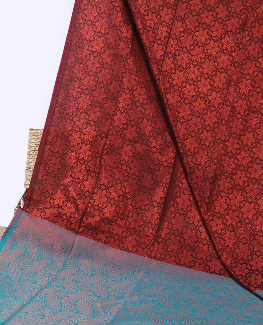 Borderless maroon floral jacquard semi-silk cotton saree, intricately designed pallu