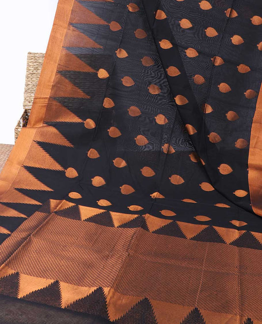 Black semi-silk cotton saree with zari buttas, temple zari border & pallu of temple designs