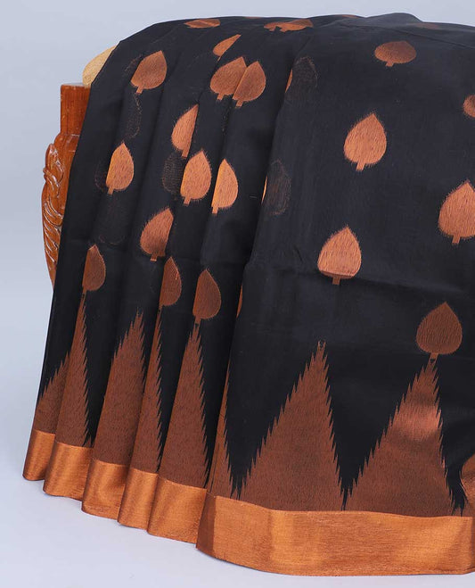 Black semi-silk cotton saree with zari buttas, temple zari border & pallu of temple designs