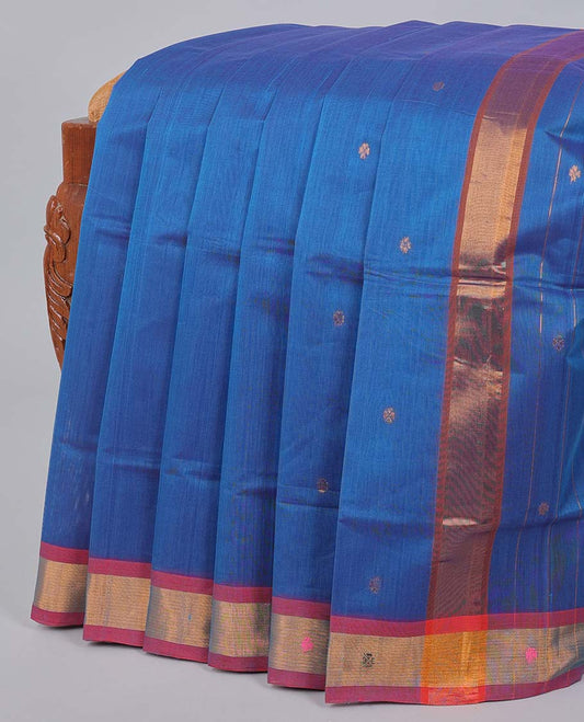Blue venkatagiri cotton saree with all-over buttas, contrast unique design border & pallu of stripes