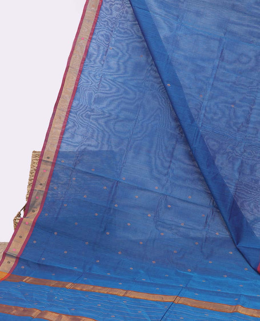 Blue venkatagiri cotton saree with all-over buttas, contrast unique design border & pallu of stripes