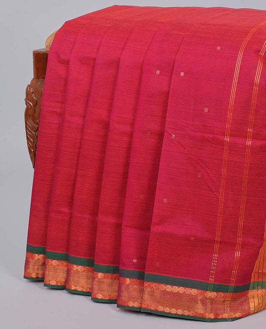 Red venkatagiri cotton saree with all-over buttas, contrast traditional design border & pallu of stripes