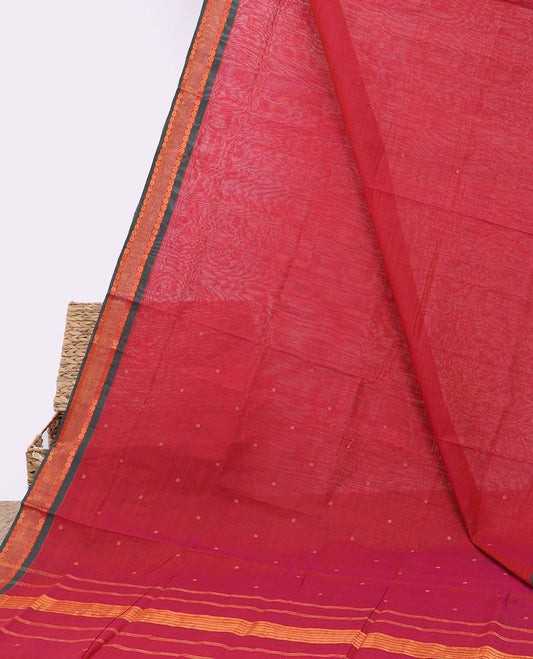Red venkatagiri cotton saree with all-over buttas, contrast traditional design border & pallu of stripes