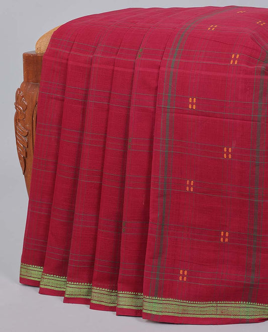 Red venkatagiri cotton saree with all-over buttas, traditional design border & pallu of buttas
