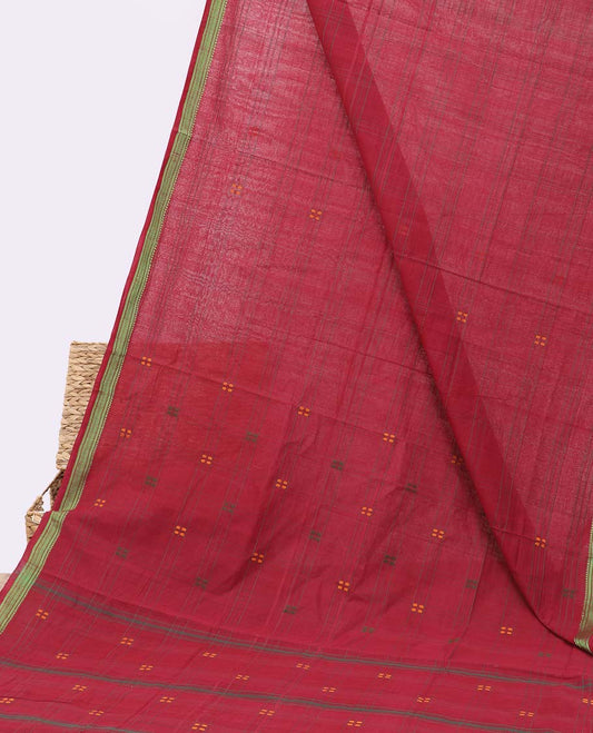 Red venkatagiri cotton saree with all-over buttas, traditional design border & pallu of buttas