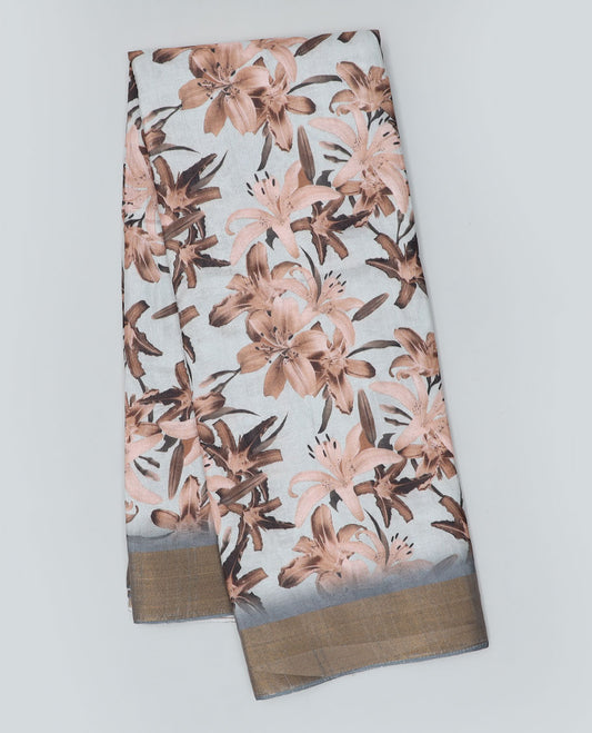 Grey floral printed semi-banaras dola saree,  plain border