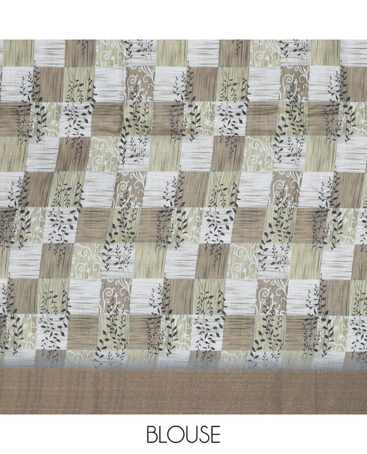 Grey floral printed semi-banaras dola saree,  plain border