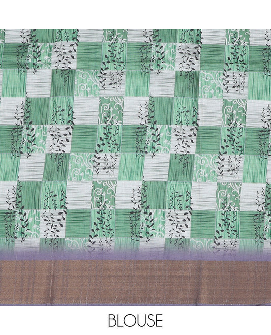 Grey floral printed semi-banaras dola saree,  plain border