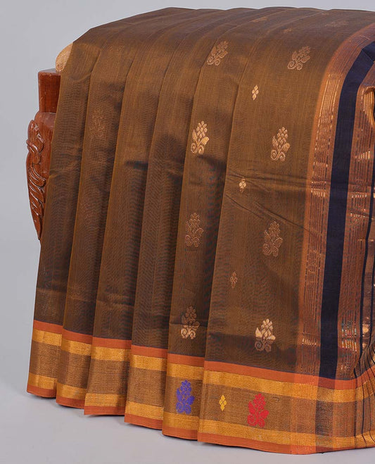 Brown buttas venkatagiri cotton saree , contrast traditional design border & pallu of floral designs