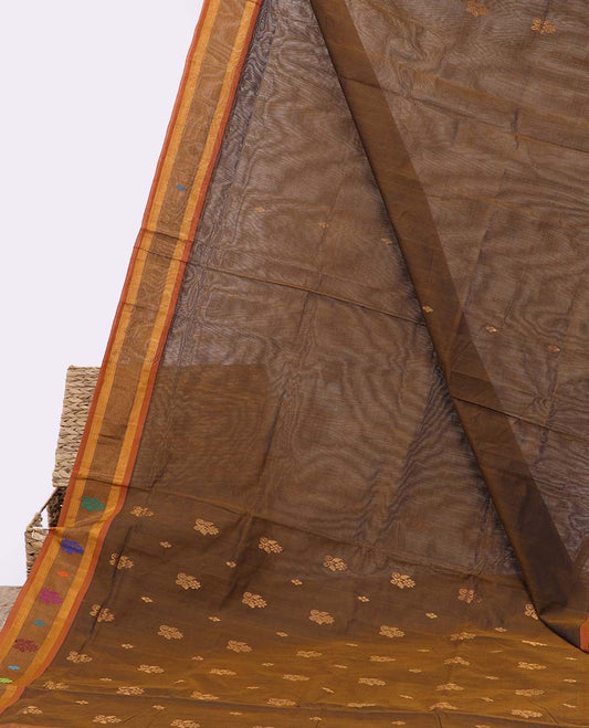 Brown buttas venkatagiri cotton saree , contrast traditional design border & pallu of floral designs