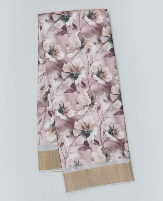 Brown floral printed semi-banaras dola saree,  plain border