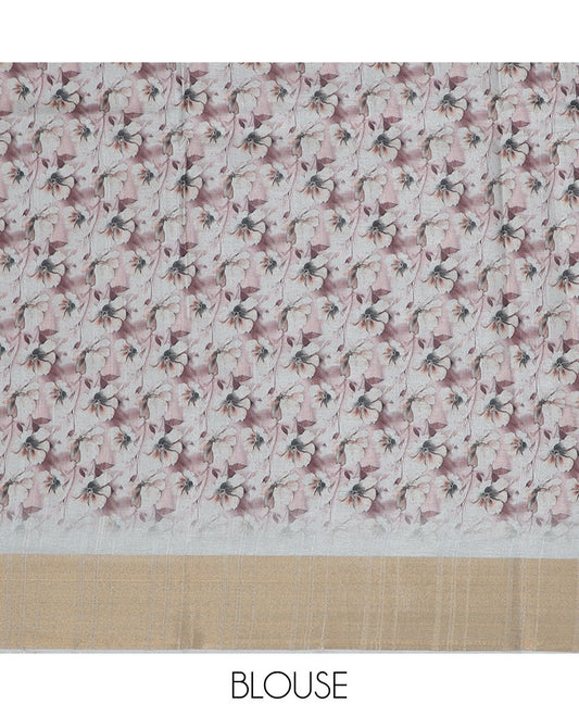 Brown floral printed semi-banaras dola saree,  plain border