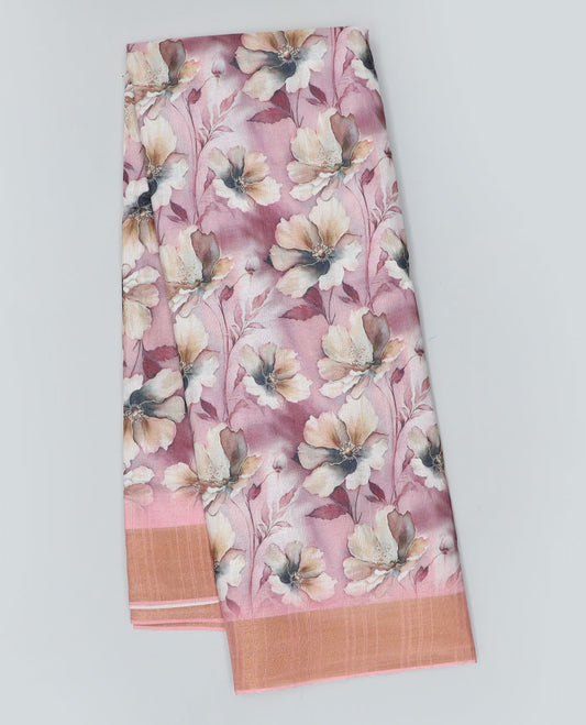 Pink floral printed semi-banaras dola saree,  plain border