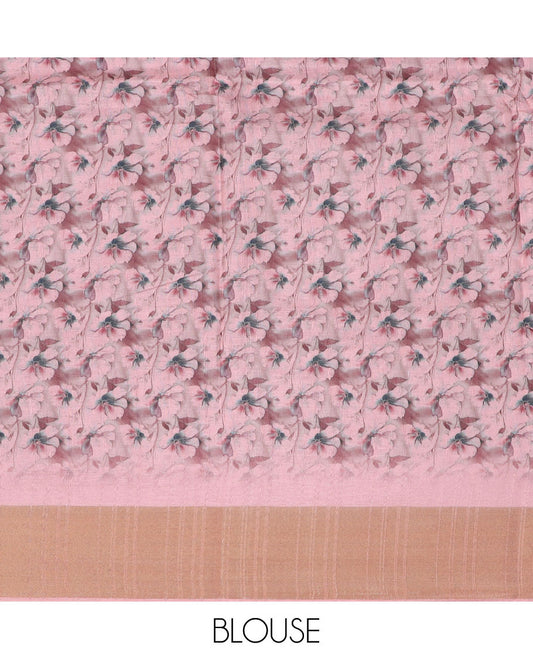 Pink floral printed semi-banaras dola saree,  plain border