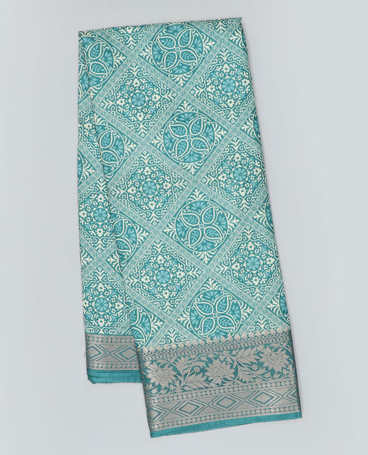 Blue intricately printed semi-banaras dola saree,traditional zari border