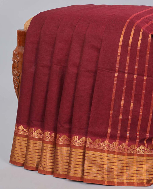 Maroon plain venkatagiri cotton saree, contrast paisley design border & pallu of stripes