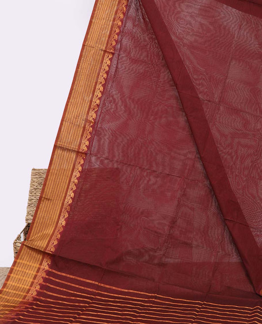 Maroon plain venkatagiri cotton saree, contrast paisley design border & pallu of stripes