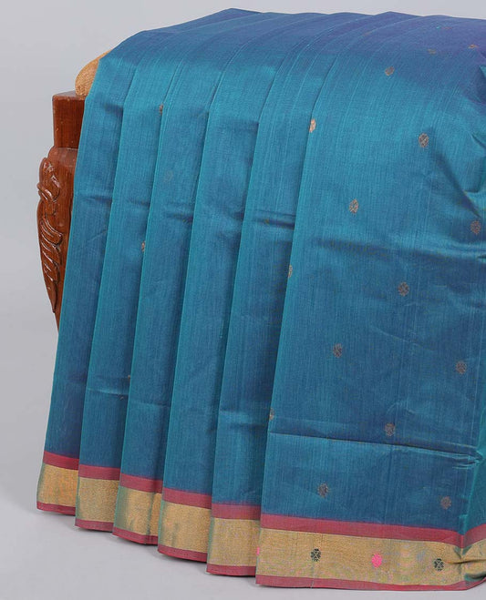 Blue venkatagiri cotton saree with buttas, contrast unique design border & pallu of stripes