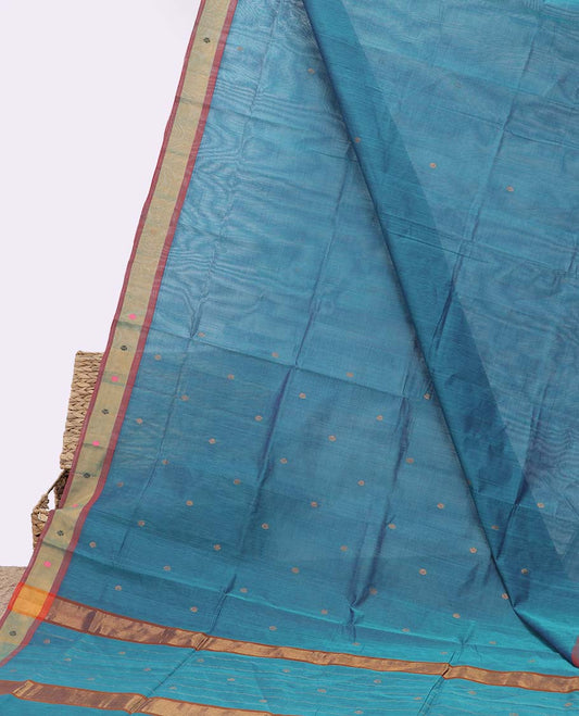 Blue venkatagiri cotton saree with buttas, contrast unique design border & pallu of stripes