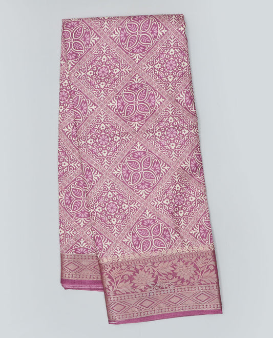 Pink intricately printed semi-banaras dola saree,traditional zari border