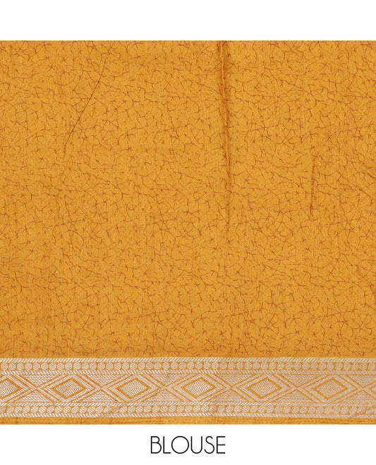 Yellow intricately printed semi-banaras dola saree, traditional zari border