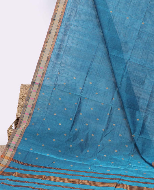 Blue venkatagiri cotton saree with buttas, contrast uniquely designed border & pallu of stripes