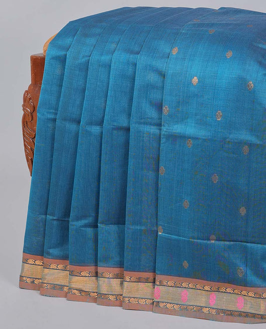 Blue venkatagiri cotton saree with buttas, contrast uniquely designed border & pallu of stripes