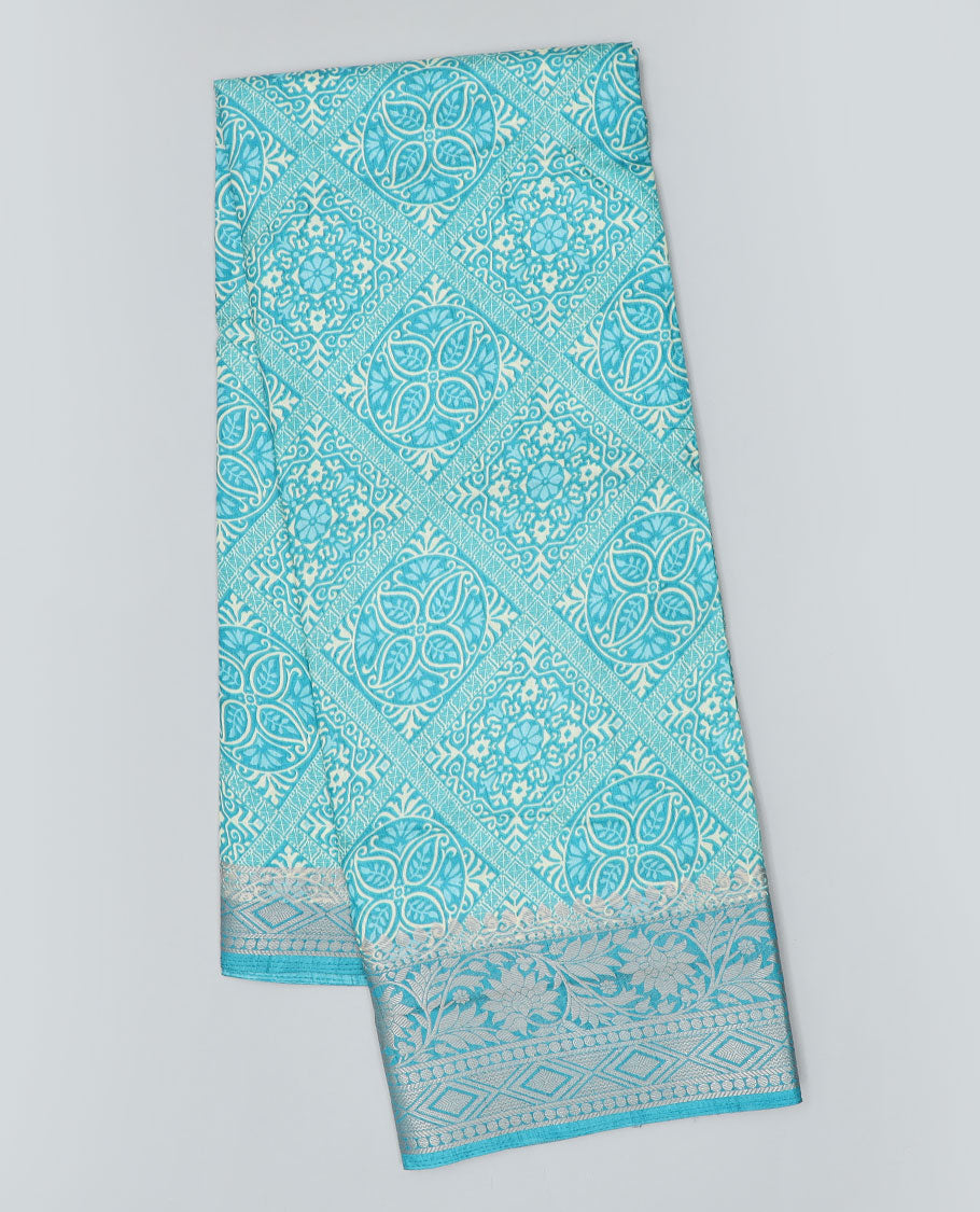 Blue intricately printed semi-banaras dola saree,traditional zari border