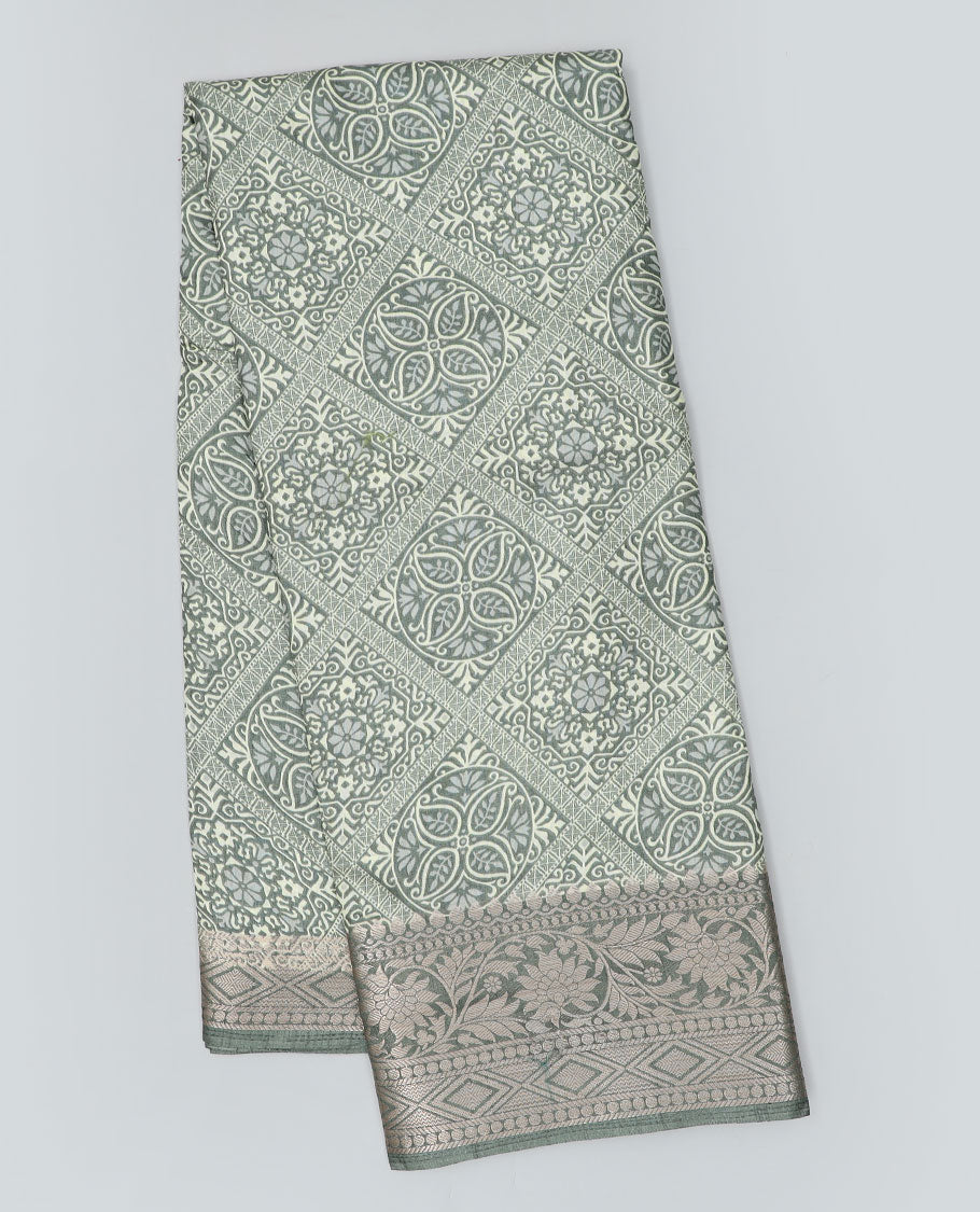 Green intricately printed semi-banaras dola saree,traditional zari border