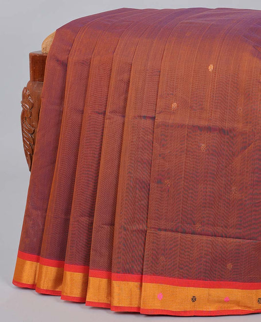 Brown venkatagiri cotton saree with buttas, contrast unique design border & pallu of stripes