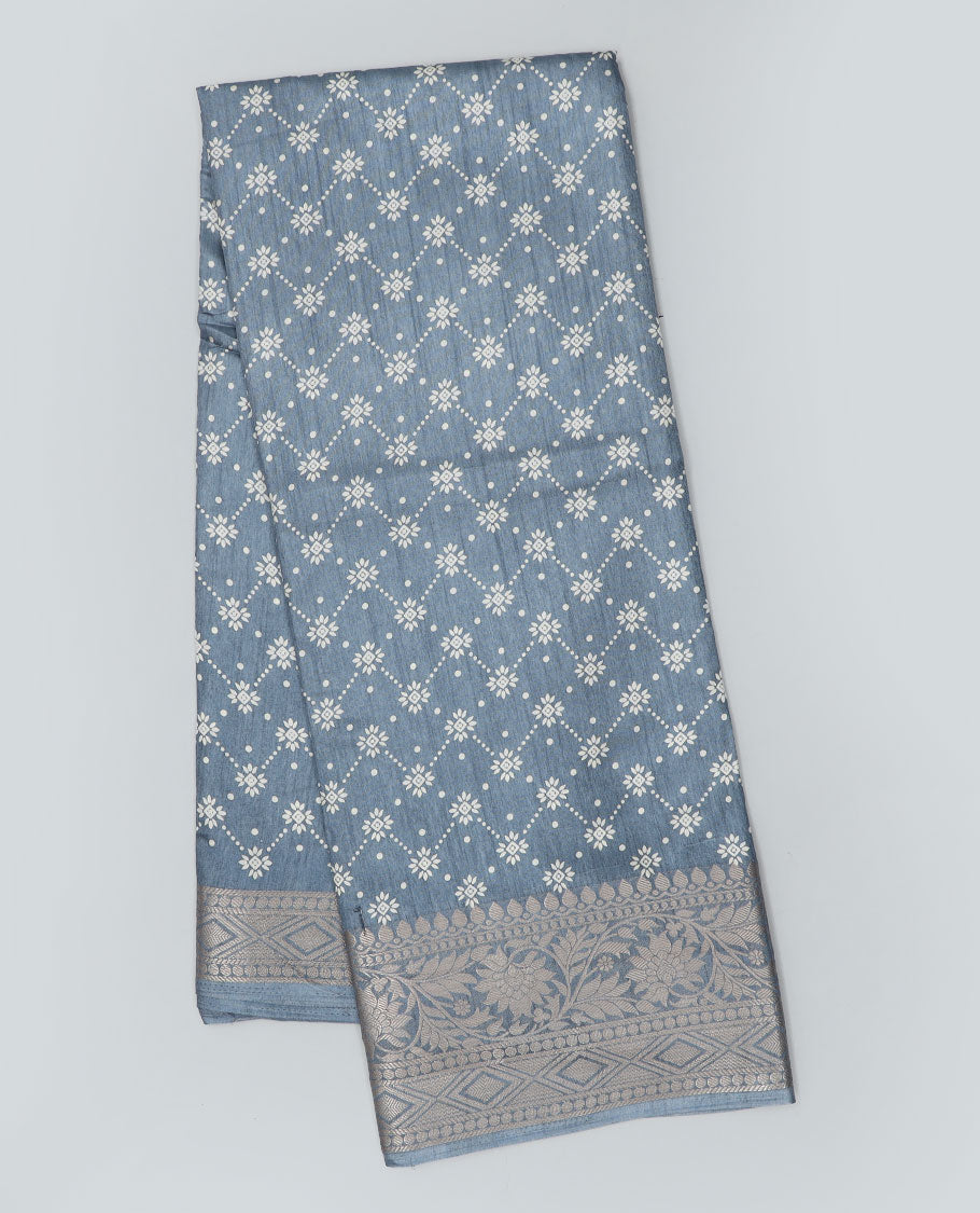 Grey floral argyle printed semi-banaras dola saree, traditional zari border