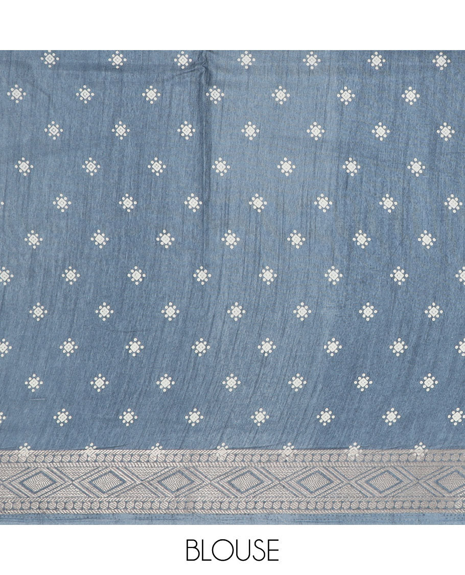 Grey floral argyle printed semi-banaras dola saree, traditional zari border