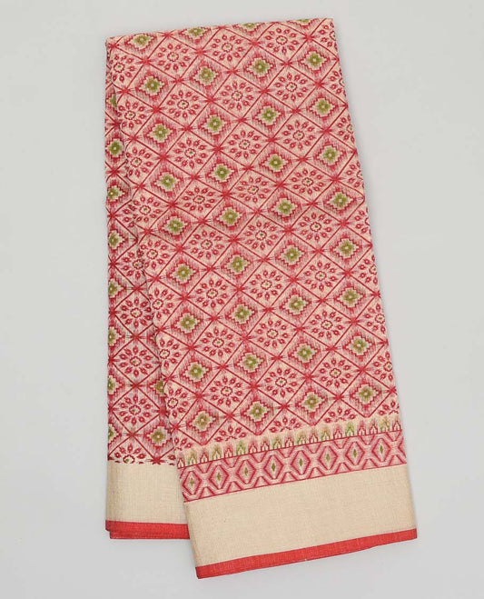 Red argyle printed budget cotton saree, plain border