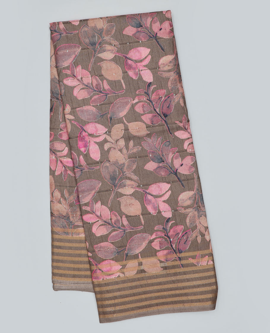 Brown striped & floral printed semi-banaras dola saree, striped border